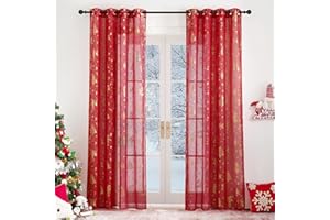 PONY DANCE Tende Rosse Natalizie 2 Pezzi 140x260 CM Tende per Interni Moderne con Anelli Decorazione Voile Curtains Trasparente Camera da Letto con Effetto Lino