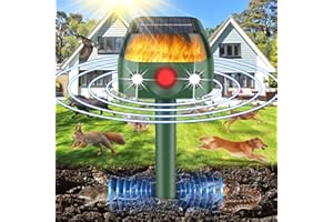 HAPPY WATCH Outdoor Cat Repeller, 360° Solar Ultrasonic Animal Repellent with Flame Light, Vibrating Fox Deterrent IP66 Waterproof 5 Modes Adjustable for Dog Rabbit Deer Fox Squirrel, Cat Scarer for Garden Yard