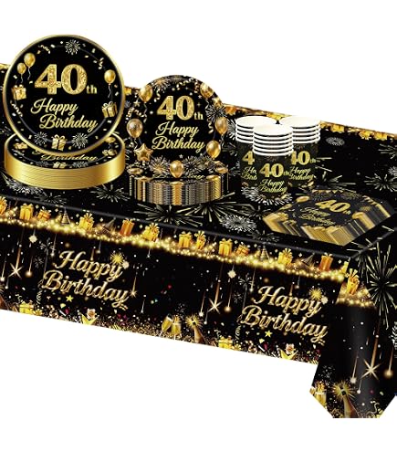Set Stoviglie 40° Compleanno – 37 Pezzi In Argento E Oro Con Tovaglia E Tovaglioli