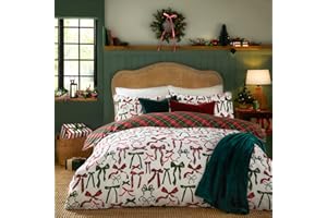 furn. Nathalie Bows Duvet Cover Set – Festive Reversible Check Design Christmas Bedding (Berry/Pine - Super King)