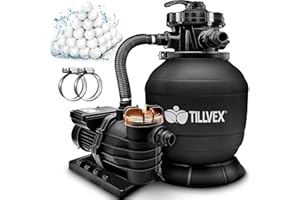 tillvex Système de Filtre à Sable 10 m³/h + 800g Boules de filtre – 7 Fonctions de Filtration | Filtre de Piscine avec indicateur de pression | Filtre à sable pour les bassins aquatiques & piscines