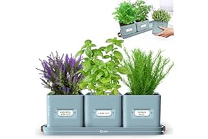 Green Thumbz Herb Pots for Kitchen Windowsill - Set of 3 Teal Blue Herb Planter Indoor with Leather Handled Tray - Ideal for an Indoor Herb Garden, Plants and Flowers - Labels Included