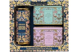 New English Teas Traditional Tea & Biscuits Gift Set - 80 Fine English Breakfast Teabags & 200g Cornish Biscuits in Ornate Collectible Tins - Elegant Luxury Tea Gift Hamper