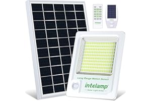 INTELAMP Faro Led Esterno con Pannello Solare, 12000mAH Batteria di grande capacità, IP65 Impermeabile, 6500K,Faretto Solare Esterno con Telecomando e Sensore Crepuscolare,Funzione Timer, Cavo da 5M