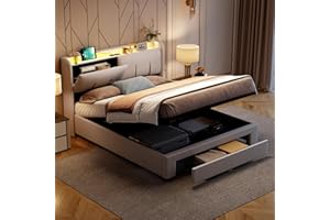 BRILVERDE Letto imbottito 160x200 con Contenitore, letto matrimoniale con USB e LED, con cassetti, Funzionale con testiera, Struttura letto con rete a doghe, in Velluto (Beige, 160 x 200 cm)