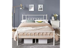 Yaheetech Metallbett 160 x 200 cm Bettrahmen mit Hohem Kopfteil, Einzelbett Bettgestell mit Lattenrost, Jugendbett mit Industriestil Gästebett Industriebett für Schlafzimmer Gästezimmer, Weiß