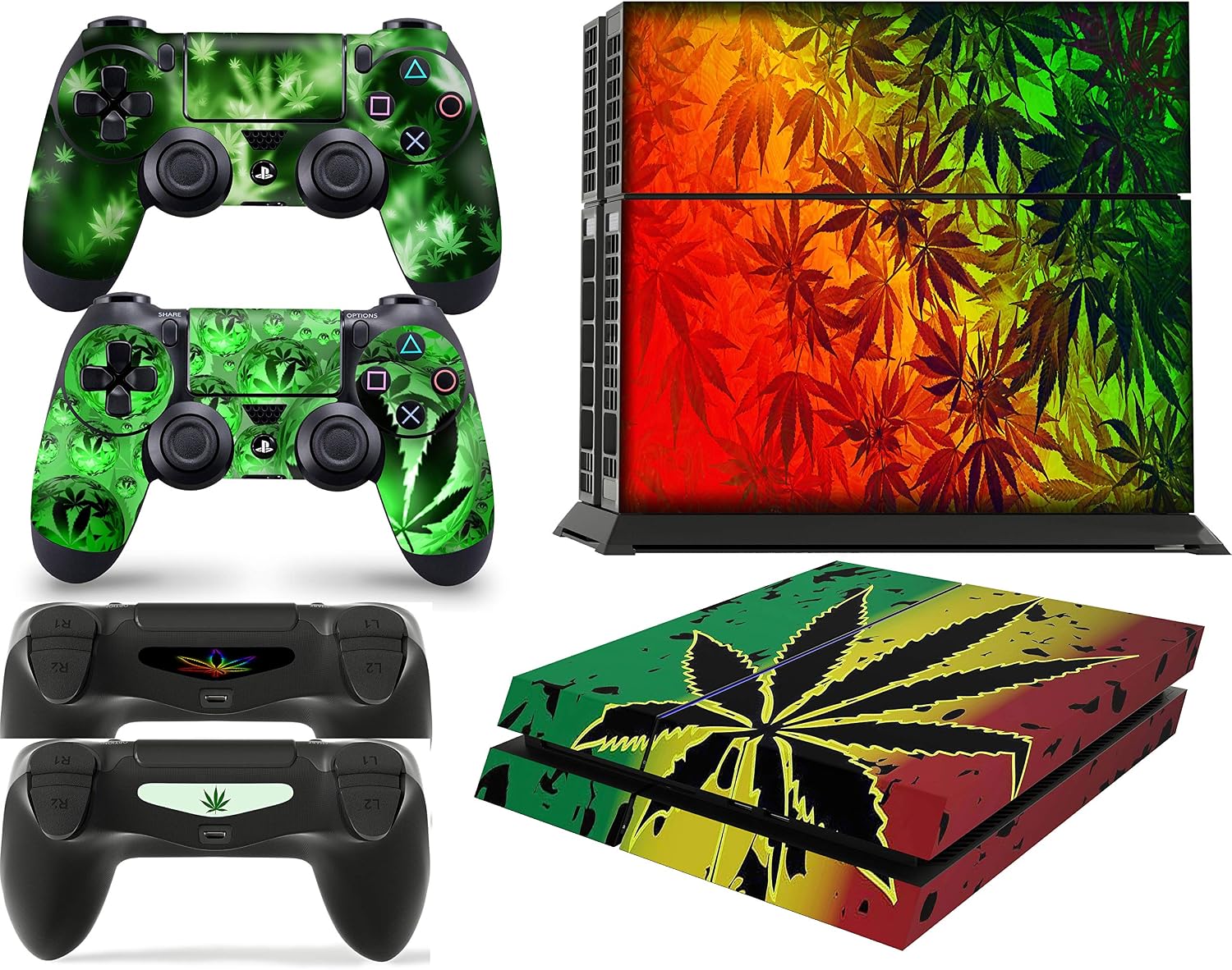 PS4 Console WEED Skin Decal Vinal Sticker + 2 Controller Skins Set