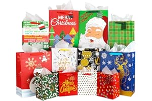 Giiffu 12 Sacs Cadeaux de Noël Glitter avec Poignée & Étiquettes, 12 motifs 3 Tailles (Petit 23cm, Moyen 30cm, Grand 42cm) Pochettes de Noël pour emballer des cadeaux Fournitures de fête