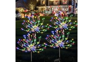 GIGALUMI Lot de 4 Solaires Extérieur Jardin,120 LED Feux d'artifice Solaires,Étanche Lampe Solaire de Pissenlit pour Cour, Pelouse, Fête, Patio, Décoration de Mariage (coloré)