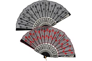 Grevosea 2 Pcs Folding Hand Fan, Elegant Colorful Embroidered Flower Peacock Pattern Sequin Fabric Folding Handheld Hand Fan for Flamenco Dancer Dancing 1920s Women Costume Decoration Festival Gift