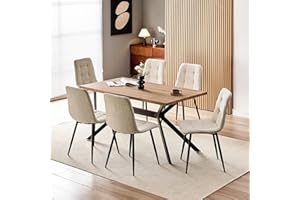 WAFTING Essgruppe Esstisch mit 6 Stühlen, 140×80×73cm Esstisch mit Dunkle Holzmaserung, und Gepolsterte Beige Esszimmerstühle mit hoher Rückenlehne und Leinendesign, für Küche Esszimmer, Wohnzimmer