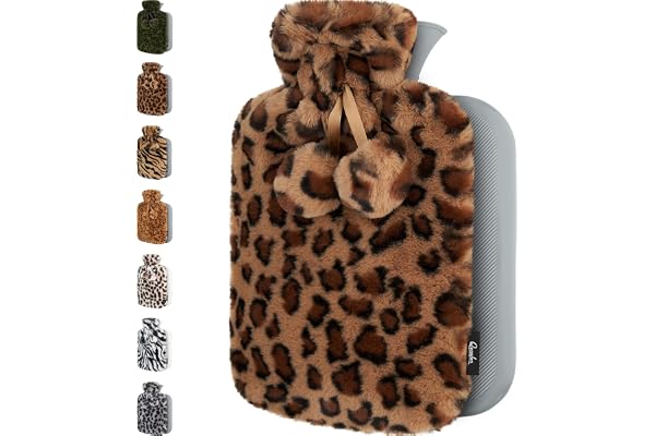 Bouillotte – avec housse en polaire douce haut de gamme + pompons – Léopard marron, 2 L – Coussin chauffant pour les crampes menstruelles – Compresse chaude et froide