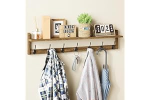 BAMEOS Wall-Mounted Coat Rack - 89cm Large Wooden Hooks with Shelf, 7 Dual Metal Hooks, Entryway Shelf for Bathroom, Kitchen, Living Room, Bedroom (Brown)