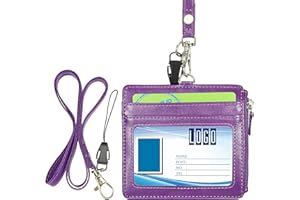 Wisdompro Porta Badge Pelle, Porta Badge da Collo con Cerniera con 50 cm Portachiavi Collo, 1 Finestra Trasparente, 4 Slot per Schede, Gancio Girevole Portachiavi, Viola (Orizzontale)