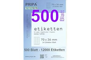 pripa - Amazon FBA Versand Etiketten 70,0 x 36,0 mm - 24 Stueck auf A4 - Maxipack 500 Blatt DIN A4 selbstklebende Etiketten DHL Post