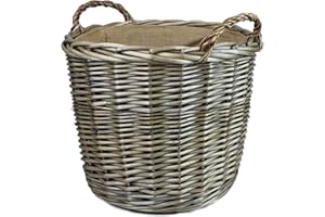 POP-IT-IN-A-PELICAN Round Hessian Lined Grey Wicker log baskets. Wood & kindling storage for home hearths and fireplace. Or shoes and laundry (38cm Grey)