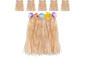 Kurtzy Lot de 6 Jupe Hawaienne en Paille - Jupe Élastiques de Fête de Luau avec Fleurs d’Hibiscus pour Fête Costumée - Tenu Hawaienne Danseuse avec Décorations Fleuries pour Filles