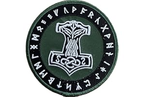 ‎HEIDENKLAMOTTEN Thors Hammer im Runenkreis grün Aufnäher,gestickter Mjölnir Patch zum annähen/aufbügeln | Wikinger Thor-Hammer