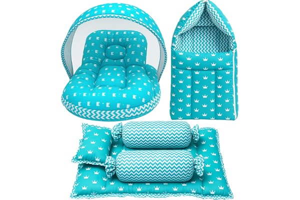Fareto Combo of Baby Bed with Net | Carry Bag | 4 Pcs Bedding Set (0-6 Months, Baby Size, Cotton) (Crown Blue)