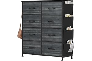 YITAHOME Commode avec Poches latérales et Crochets, Commode à 8 Tiroirs en Tissu Meuble de Rangement avec Dessus en Bois pour Chambre à Coucher, Salon,Grain de Bois Noir