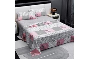 H HANSEL HOME Juego de Sábanas Cama 90x190/200cm - 3 Piezas Microfibra Extra Suave, Bajera Ajustable, Funda de Almohada Estampadas Cuadros Rosados