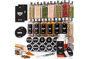 Deco Haus Juego 36 Tarros Especias con Tapa Rosca - Etiquetas, Embudo, Cepillo, Marcador - Va con Nuestros Estantes para Condimentos - Almacenamiento y Dispensador Vidrio Transparente 120ml 10.5x4.3cm