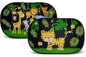 HECKBO 2 x samochodowa osłona przeciwsłoneczna z 8 przyssawkami – motyw zwierząt z dżungli – 48 x 31 cm – na okno boczne do samochodu, osłona przeciwsłoneczna na szybę boczną – z kieszenią – dla