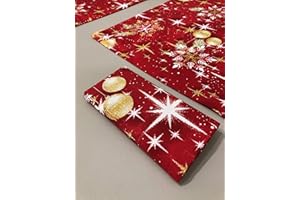 1KDreams Tovaglia Natalizia. Sfondo rosso palline stelle e foglie oro. Design Classico in chiave Moderna. (Set 8-40x40 cm)