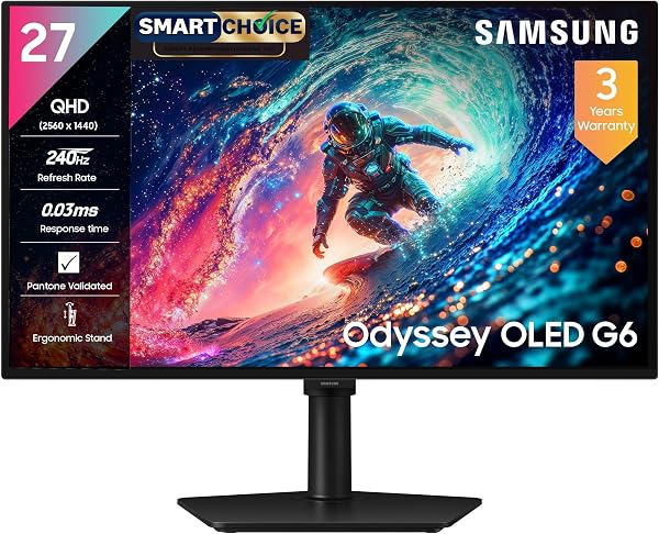 Samsung 27" Odyssey QD-OLED G6 Gaming Monitor(Smartchoice) | QHD 2560 x 1440| 240 Hz| 0.03ms | Ergonomic Stand | Pantone Validated| Glarefree | TrueBright 300|