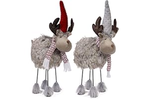‎VALERY MADELYN VALERY MADELYN Stoff Weihnachtsdekoration 2er Set 44cm wackeliger Hirsch Deko mit Feder Körper Rentier Dekofigur mit Fell Tierfigur Tisch Weihnahctsdeko für Winterzeit Advent Weihnachten