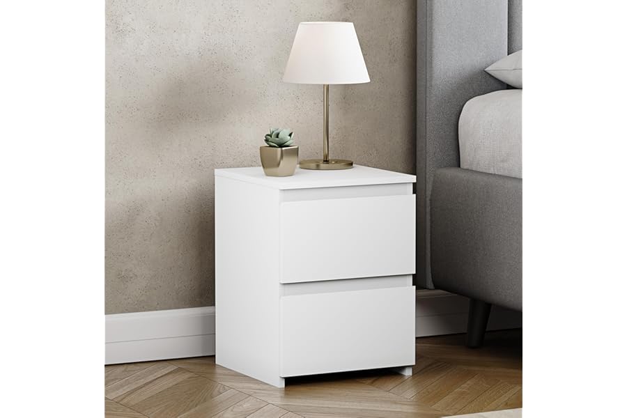 Vida Designs Denver 2 Drawer Bedside Chest | White | Space-Saving Storage | 52H x 29.5W x 29.5D cm | Narrow Side Table | Minimal | Smooth Metal Runner | Modern Bedroom Nightstand Unit