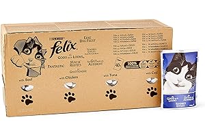 Purina Felix Le Ghiottonerie - Comida húmeda para Gatos con Ternera, Pollo, Bacalao y atún, 80 Sobres de 100 g Cada una