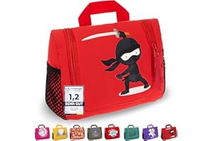 GRINSEZWERGE Children's Toiletry Bag, Travel Toiletry Bag for Hanging, Cosmetic Bag, Wash Bag, Travel Bag, Cosmetic Bag, Travel Accessories, Noah Ninja (Red), childish
