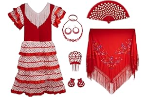 Gojoy shop - Disfraz de sevillana Flamenco para Mujer, Contiene: Vestido, mantón y Accesorios. (3 Colores y 7 Tallas Diferentes.)