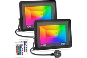 ausyde LED Floodlight 40W RGB Colour Changing Floodlight Remote Control IP66 Waterproof Dimmable Atmospheric Light for Decorative Stage Landscape Garden Tree Floodlight UK 3 pin Plug（2 Pack）