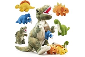Prextex Dinozaur T-Rex Pluszowy Zestaw 15 cali / 38 centymetrów z kieszenią na zamek błyskawiczny zawierającą 5 uroczych małych dinozaurów, zestaw pluszaków idealny dla dzieci