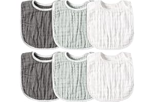 GROBRO7 6Pcs Baby Cotton Gauze Bib, White Grey Breastfeeding Teething Bibs, Muslin Absorbent Baby Bibs Adjustable Snap Burp Cloths Soft Set for Unisex Newborn Infant Toddlers Boys Girls(0-36 Months)