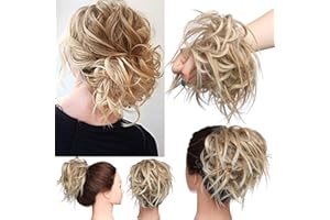 Postiche Chignon Cheveux Naturel Chignon Bouclé Chouchous Extensions de Cheveux Scrunchies Ondulés Tousled Updo Bun Extension Blond fraise mix Blond platine