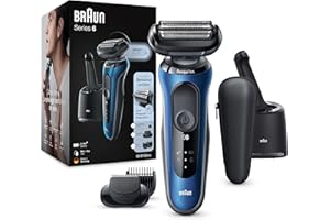 Braun Series 6cc Sensitive golarka męska, trymer do brody, stacja czyszcząca, Wet&Dry, czas pracy 50 min, golarka elektryczna z 3 elastycznymi ostrzami, EasyClick do wymiany golarki, niebieska