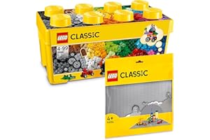 BRICK FLIP LEGO Classic pudełko z klocków, średnia wielkość + szara płyta LEGO (duża): pudełka do przechowywania i zestaw płyt LEGO, pudełko na kamienie z płytą konstrukcyjną, pudełko z klockami i płytą bazową