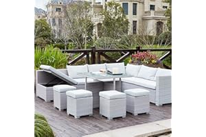 CONCEPT USINE | Salon de Jardin Encastrable en Résine Tressée 10 Personnes | FIDJI Gris | Table Plateau en Verre + 4 Poufs + Grand Canapé avec Assise Inclinable en Bain de Soleil | Coffre de Rangement