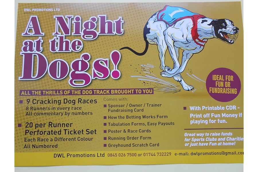 NIGHT AT THE DOGS - 9 GREAT DOG RACES ON DVD- GREAT FOR FUN OR FUNDRAISING- PRINTABLE FUN MONEY DISC