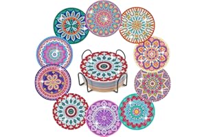YAOYIN Peinture Diamant Dessous de Verre, Lot de 10 Sous Loisirs Créatifs Adultes, Mandala Sous-Verres Art de Diamant Avec Support, Kits de Peinture en Diamant, 6-12 Ans Kits de Loisirs Créatifs Fille