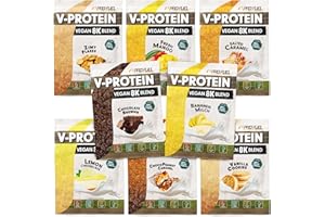 PROFUEL Vegan proszek proteinowy, zestaw próbek – 4 smaki – próbka V-PROTEIN 8 K Blend | Niezwykle smaczny i kremowy | roślinny proszek białkowy z 78% białkiem | 4 x 30 g