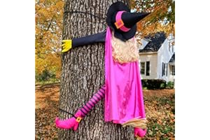 Halloween Outdoor Dekor-Giiffu 53“ Halloween Garten Deko Absturz Hexe in Baum Hängenden, Rosa Halloween Fliegenden Hexe Figuren Schlagen Baum Party Dekor Draußen für Veranda, Zaun, Tür, Hof, Fenster