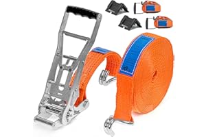 INTAKO Cinghia di Ancoraggio con Cricchetto Lungo - 8m x 5000kg x 50mm - Set di 2 Cinghie di Fissaggio Professionali e 2 Angolari di Protezione per Camion ERGO