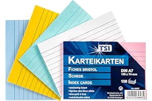 ‎TSI TSI Karteikarten farbig sortiert, 100er Packung, liniert, Größe: DIN A7 (105 x 74 mm), Art. Nr. 65897
