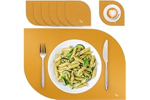 BW BLACKWHITE STORE Blackwhite Store Tischsets Abwaschbar Wasserdicht PU Kunstleder Platzset Abwischbar Lederoptik Senfgelb 6er-Set 2 Ecken Untersetzer-Set 43x30cm 10x10cm Platzdeckchen Leder für Home Hotel & Restaurant