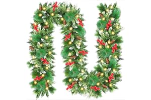 AOSTOK Guirnalda de Navidad 2,7 m (9 pies), Corona de Navidad Artificial con LED, con Piñas, Guirnalda Navidad de Iluminación, para Puerta Chimeneas, Escaleras, Patio, Adorno de Navidad (Verde)