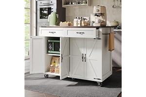 Gelukueub Wyspa kuchenna, wózek do serwowania z wysuwanym blatem roboczym, wózek kuchenny na kółkach, szafka kuchenna z drzwiami i szufladami (czworo drzwi, dwie szuflady)